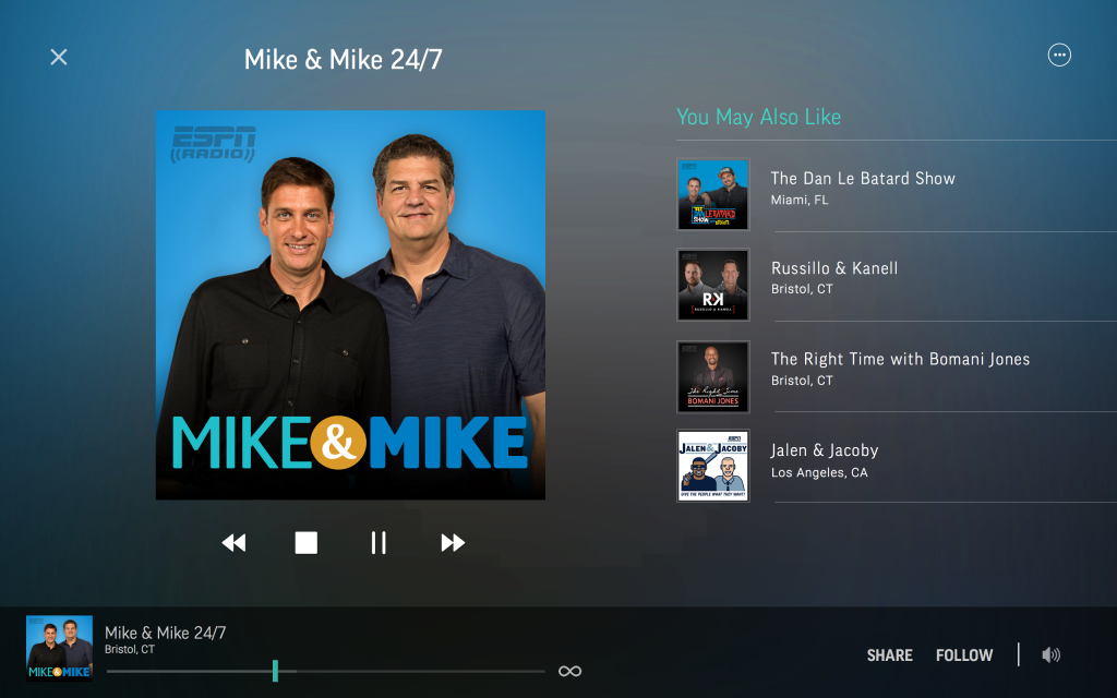 Now Playing Screen in the TuneIn Radio for Windows 10 app