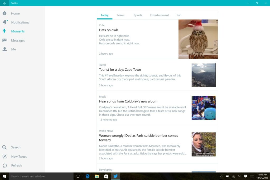 The front page of the "Today" tab within Moments in Twitter for Windows 10