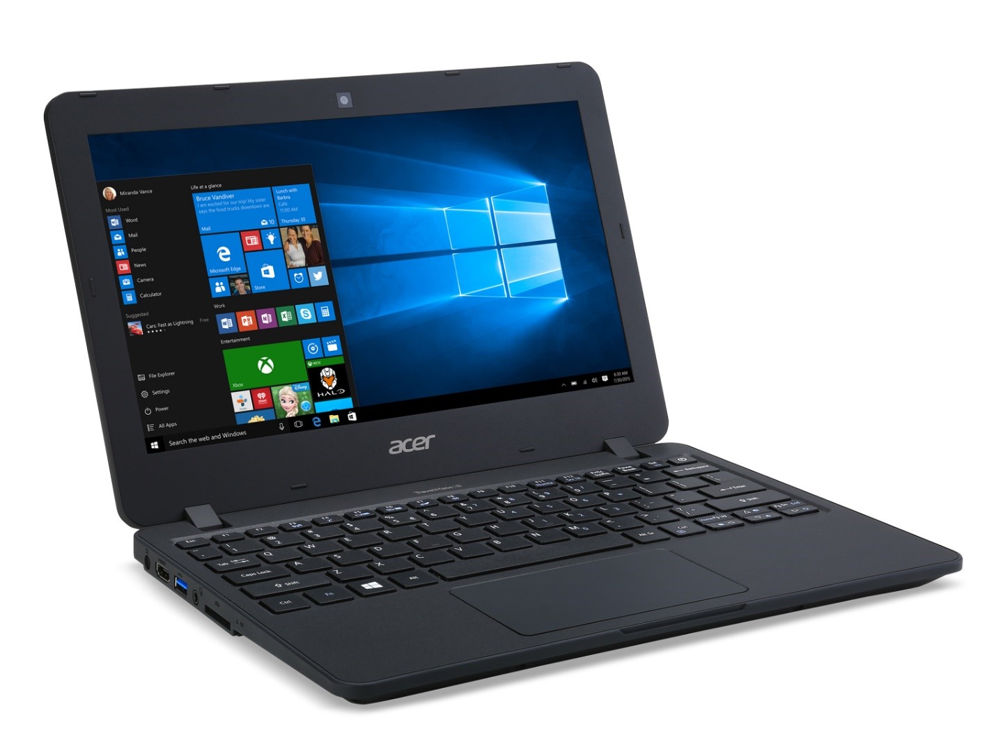 The Acer TravelMate B117 featuring Windows 10 Pro.