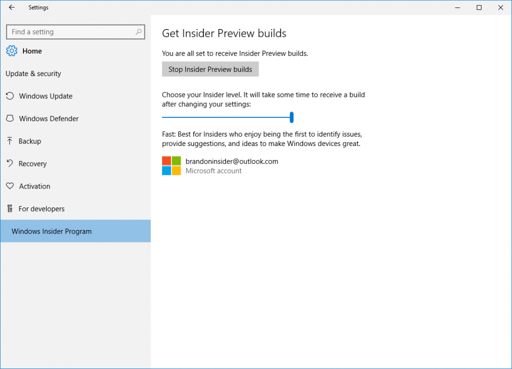 Windows Insider Program settings page