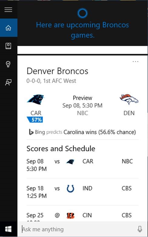 Football games schedule with Cortana
