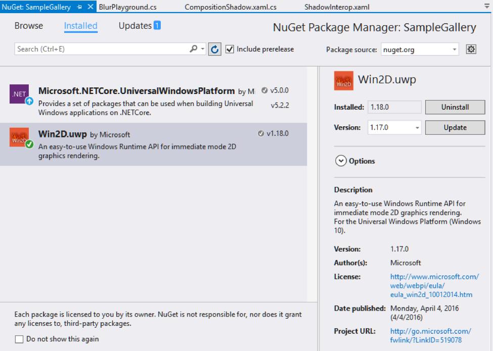 win2d UWP nuget package