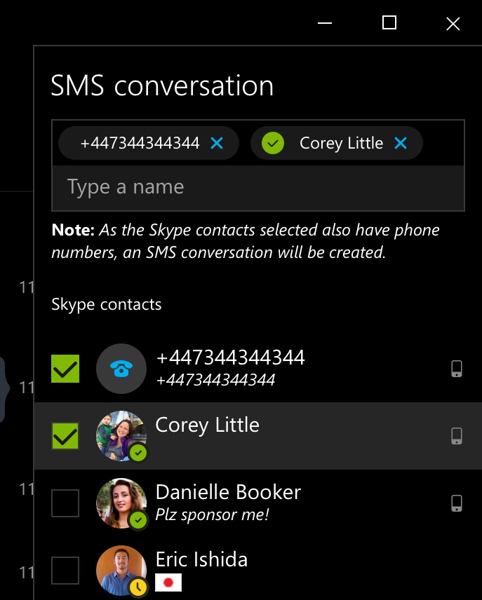 send SMS messages using Skype on Windows 10 devices