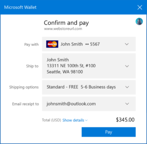 Screen capture showing an example Microsoft Wallet checkout dialog. The dialog reads "Confirm and Pay," with dropdown menus for "Pay with," "Ship to," "Shipping options," and "Email receipt to," with the total amount and a "Pay" button.