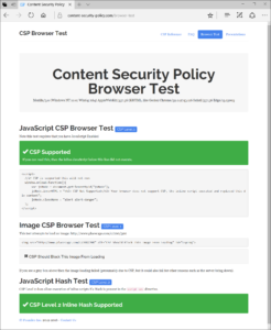 Screen capture of the Content Security Policy Browser Test loaded in Edge, with CSP and CSP Level 2 both passing.