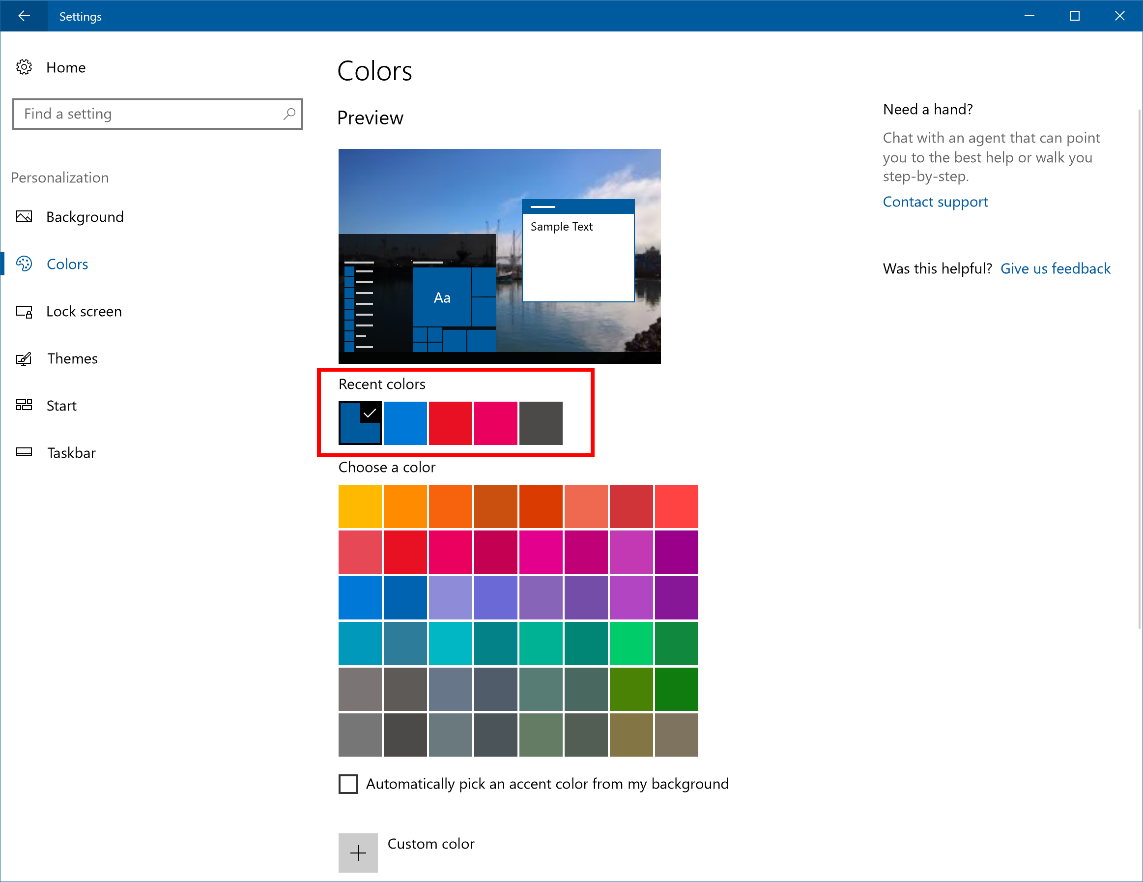 Windows Personalization now supports recent colors