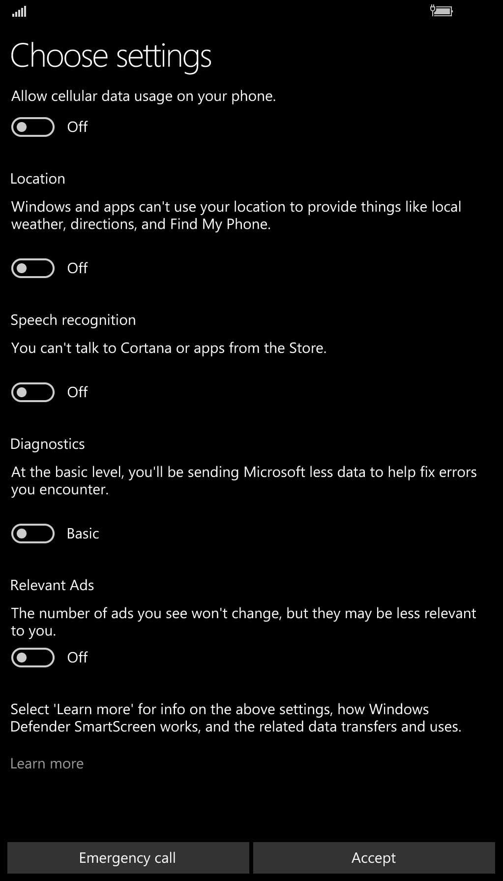 New privacy settings screen for Windows 10 Mobile customers in the Windows 10 Creators Update. 