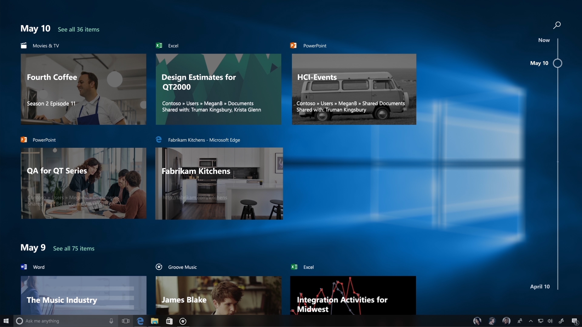 Timeline: With Timeline in Windows 10, you can now jump back in time to find what you were working on. With a visual timeline that displays what you were doing when, you can easily hop back into files, apps, and sites as if you never left.