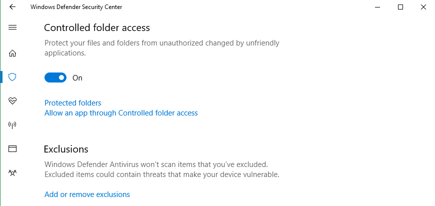 Enable Controlled folder access. 