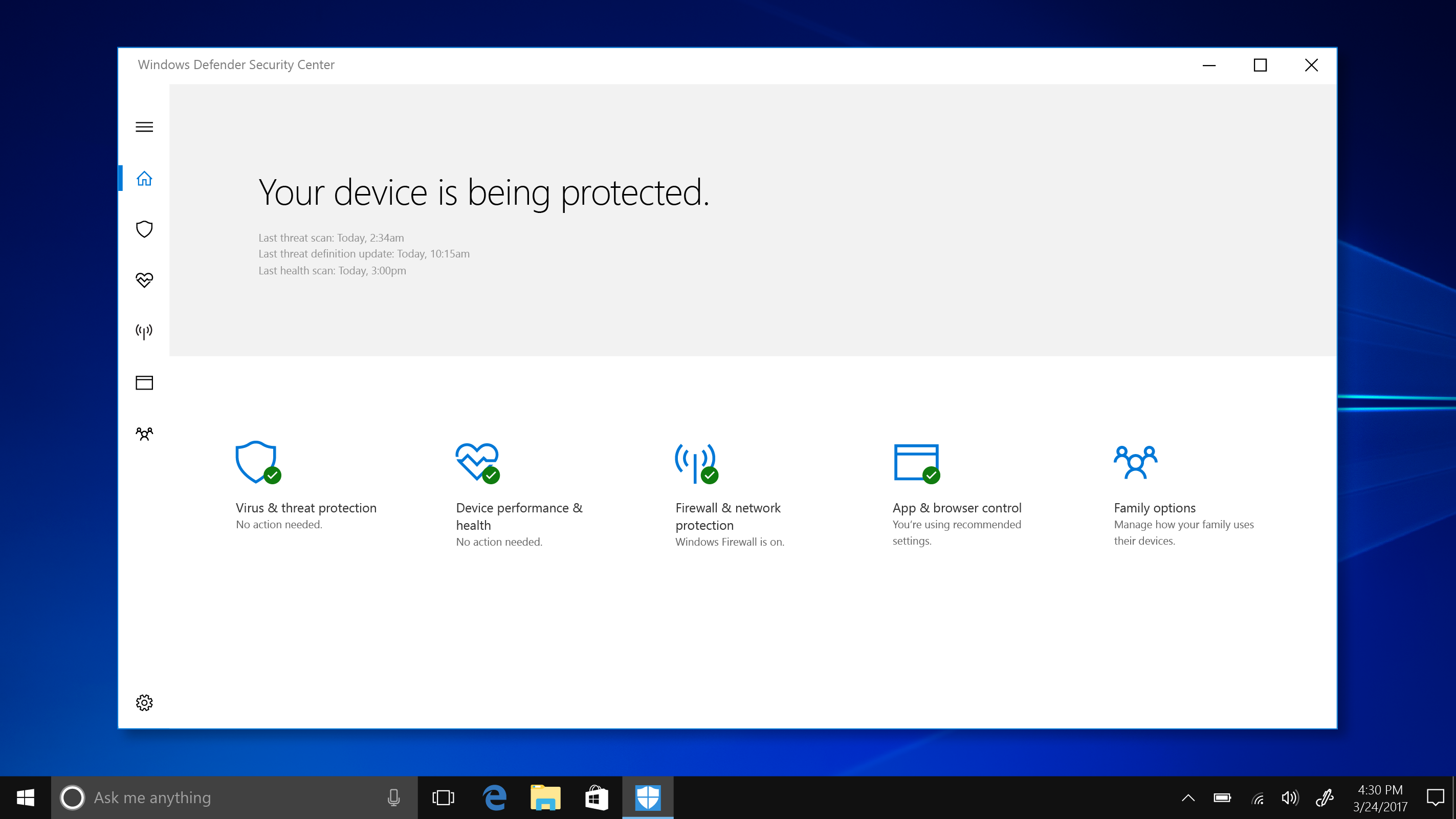 Windows Defender Security Center shown on Windows 10 S