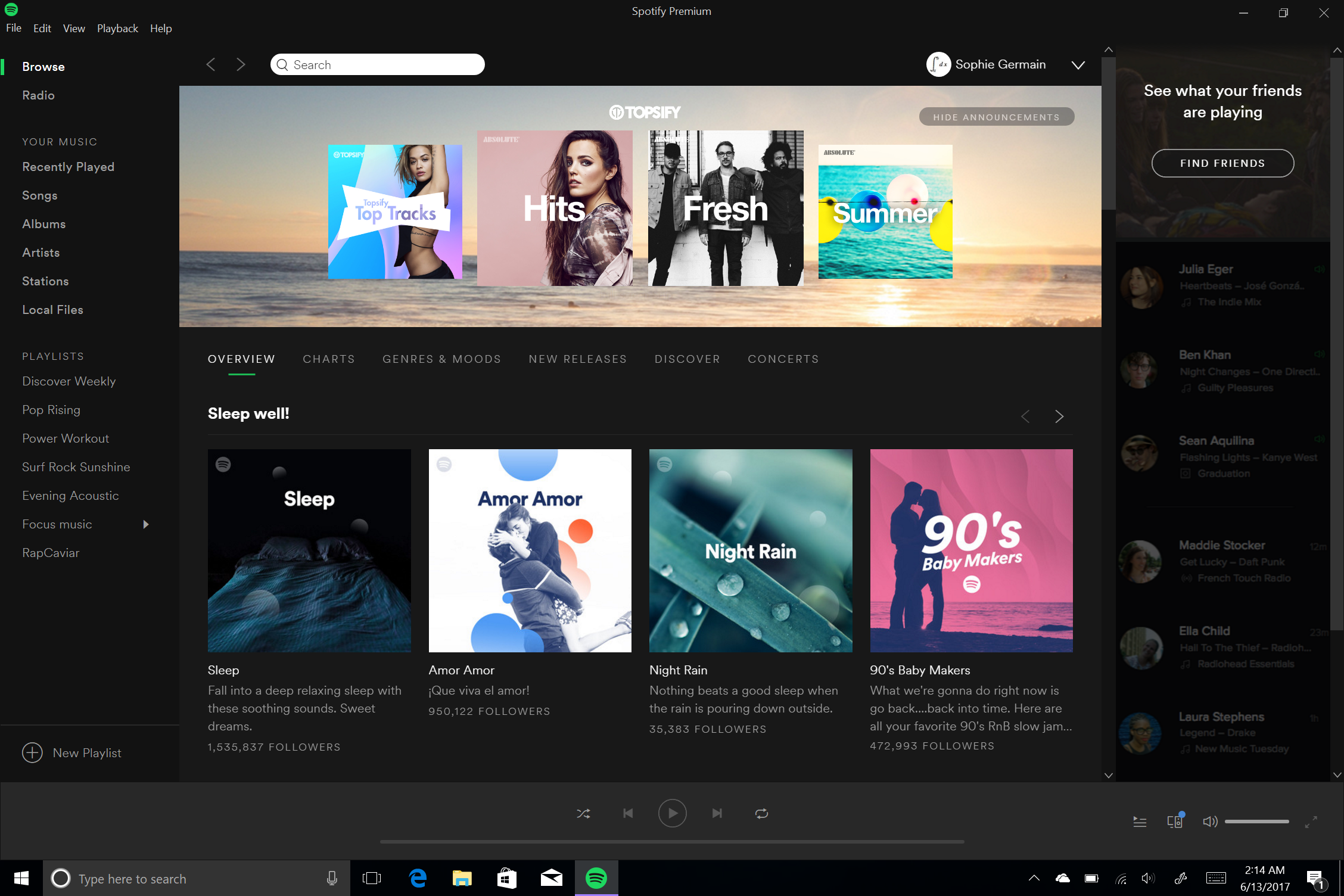 Browse the curated playlists section shown on the Spotify app for Windows 10