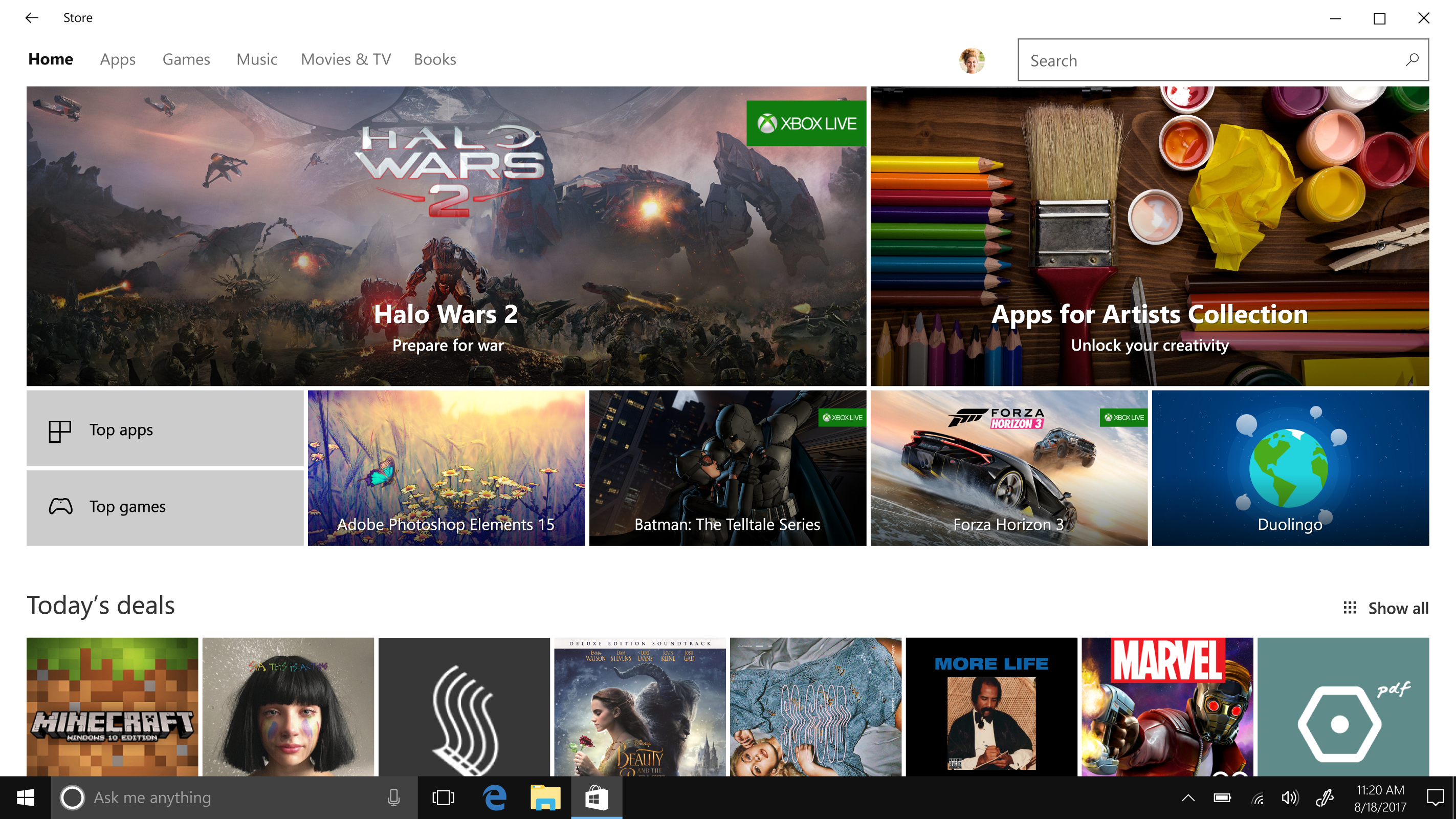 Homepage of the Windows Store shown on Windows 10 S