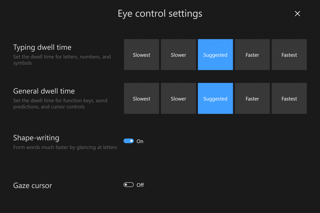 The Eye Control settings panel. 