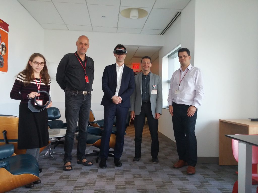The Holo Graph team comes from the Englander Institute for Precision Medicine at Weill Cornell Medicine and the  Weill Cornell Medicine Qatar. From left, Sophia Roshal, Dr. Karsten Suhre, Dr. Olivier Elemento, Dr. Andrea Sboner and Alexandros Sigaras. (Photo courtesy of the Englander Institute for Precision Medicine)