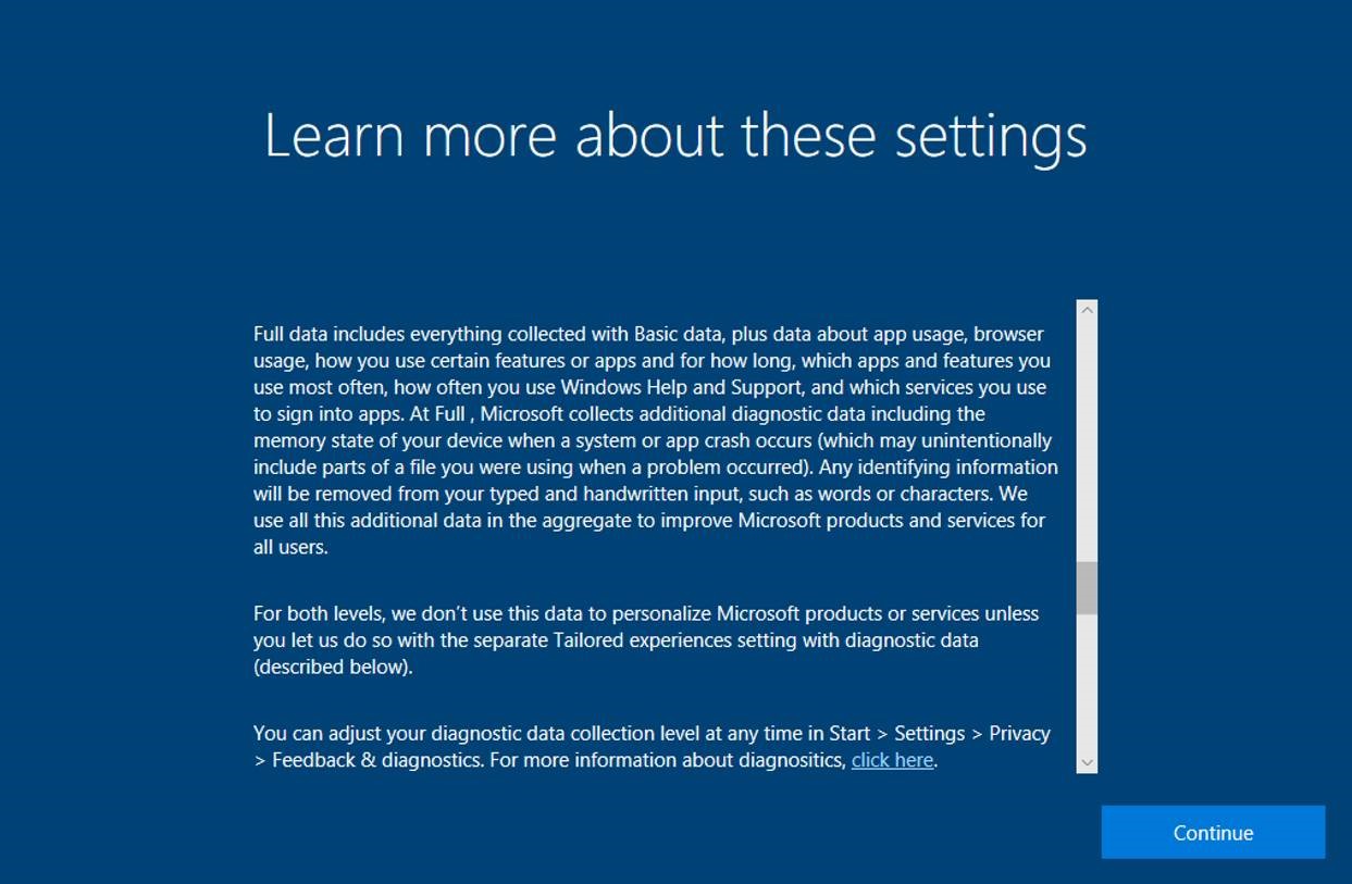 Privacy Statement shown in new privacy settings in the Windows 10 Fall Creators Update.
