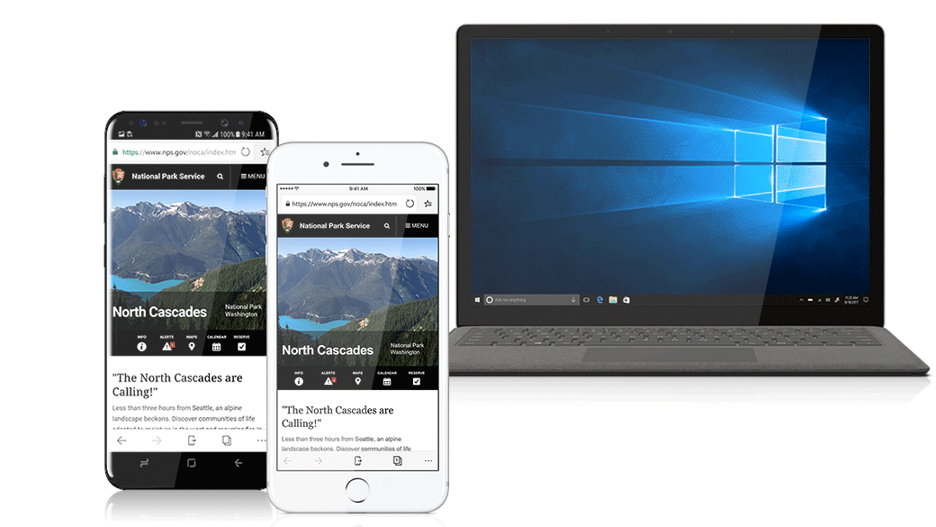Continue on PC with Microsoft Edge, shown on an Android phone, iPhone and a Windows 10 laptop.