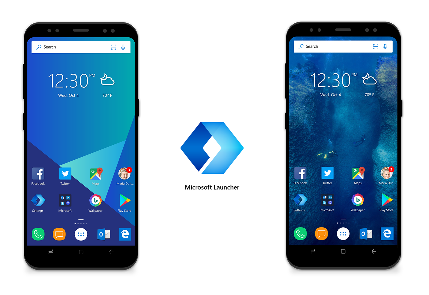 Microsoft Launcher for Android shown on two Android phones