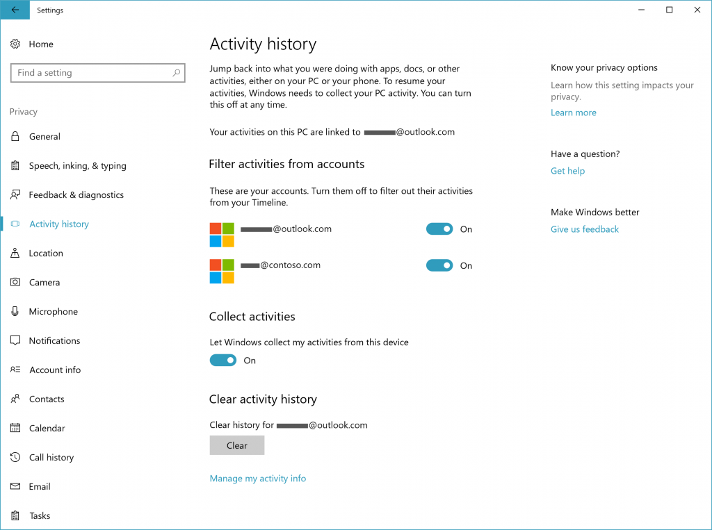 The activity history settings page lets you choose which accounts you want to appear in your timeline.