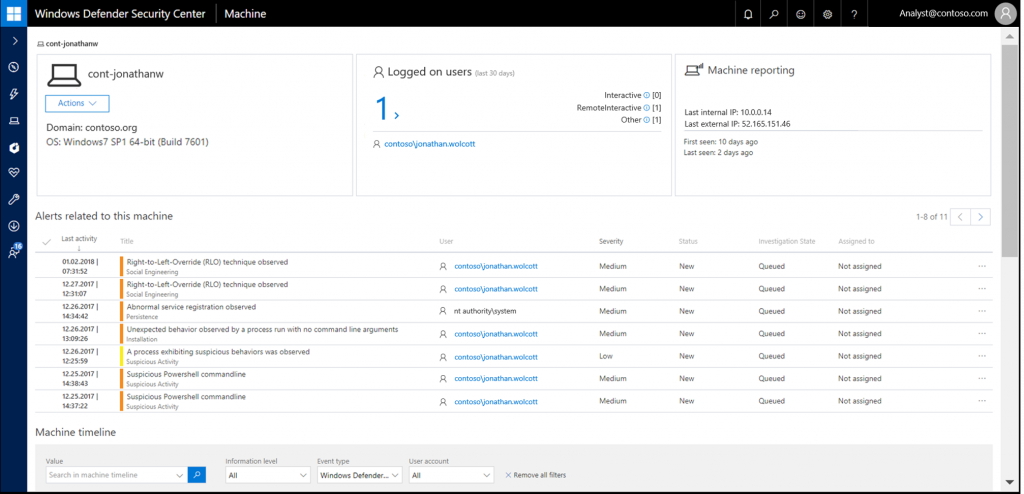 Windows Defender ATP provides deep insights into Windows 7 events on a rich machine timeline