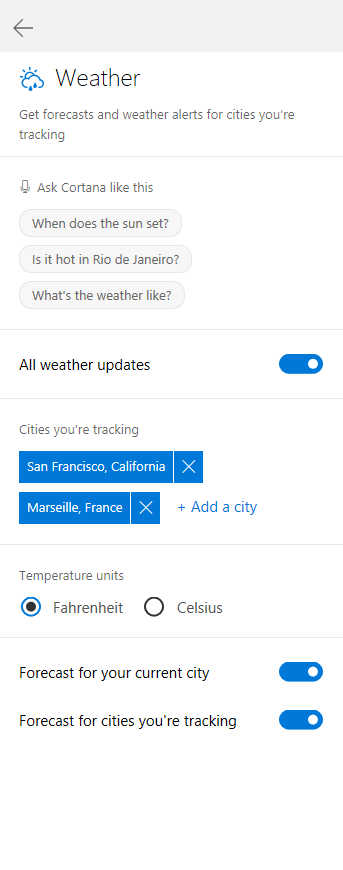 Default Skills in Cortana’s Notebook (like Weather, Sports, and News) now come with a set of tips for questions you can ask Cortana to get you started. 