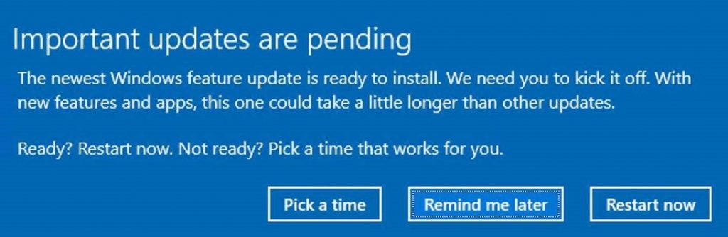 Windows Update message box letting customer know updates are pending