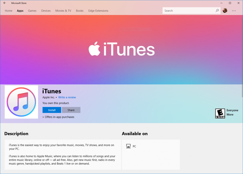 iTunes product page in Microsoft Store