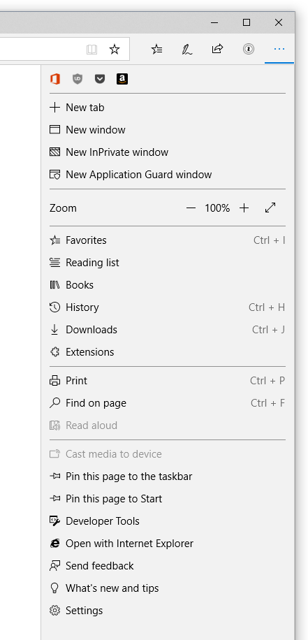 Screen capture showing the new Settings menu in Microsoft Edge, with icons and keyboard shortcuts visible.