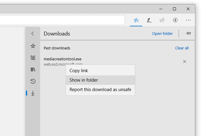 Screen capture showing right-click options on downloads in Microsoft 