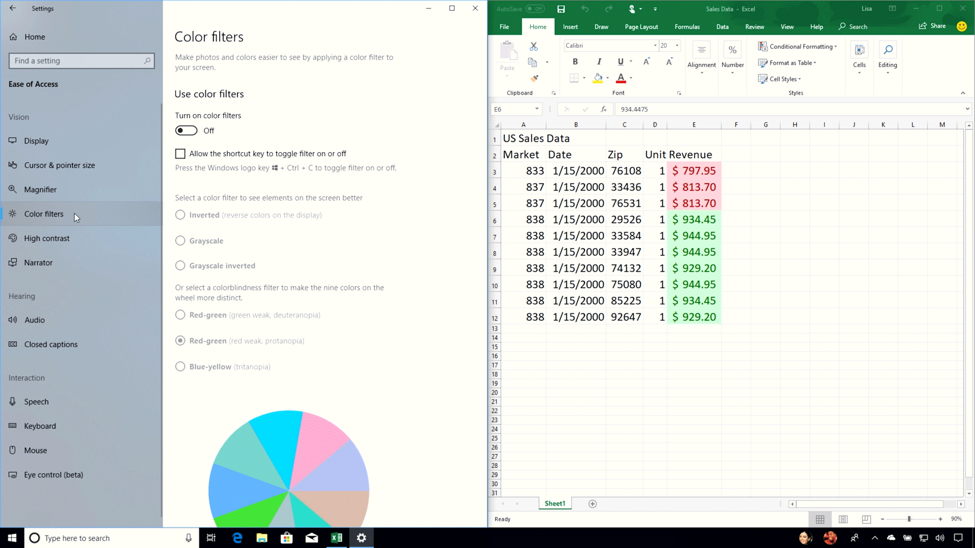 Settings page showing Color Filters next to the filters used in Excel