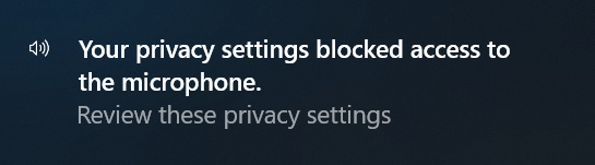 Notification showing “Your privacy settings blocked access to the microphone. Review these privacy settings”.