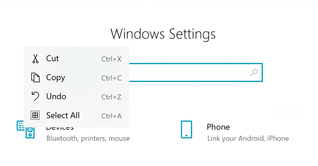 Windows Settings search box, the text “test” has been selected and right clicked, showing a commanding menu with cut/copy/undo/select all with both icons and informational hotkeys.