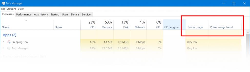 Power usage metrics in Task Manager, showing two additional columns "Power usage" & "Power usage trend". 