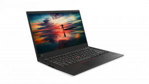 Lenovo Thinkpad X1 Carbon facing right with a sunset on its display