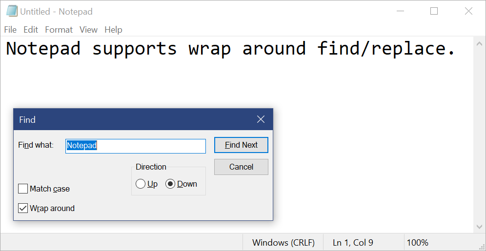 Showing Notepad with the Find dialog visible, searching for “Notepad”.