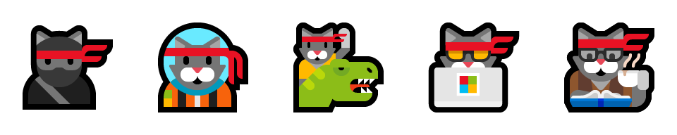 5 of the 6 ninja cat emoji – the original, astro cat, cat with t-rex, hacker cat, and hipster cat.