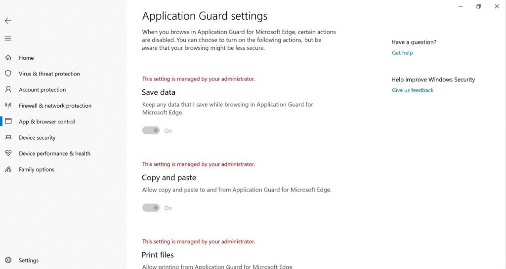 Application Guard Settings page (that you got to by clicking the link in the previous image).