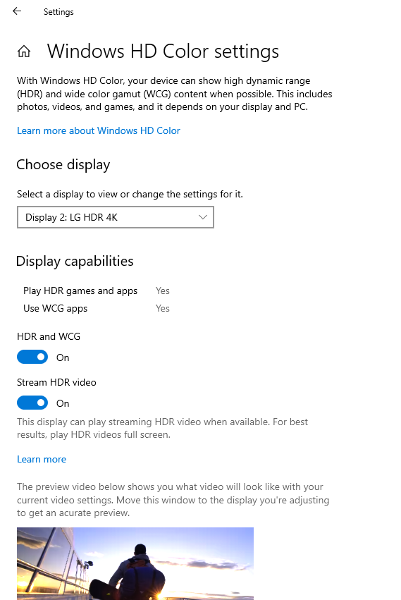 A new Windows HD Color page is now available under Display Settings! Windows HD Color-capable devices can show high dynamic range (HDR) content, including photos, videos, games, and apps. 