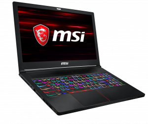 MSI GS63 Stealth open and facing right, open to multi-color lit keyboard
