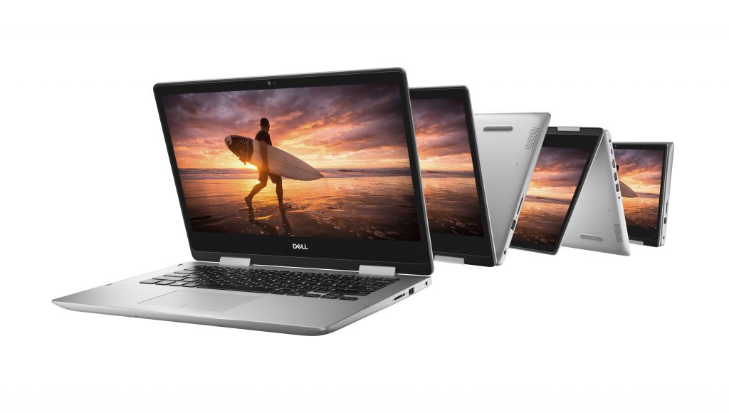 Four Dell Inspiron 14 5000 Series 2-in-1s opened, inverted and flat with the screen showing a surfer at sunset