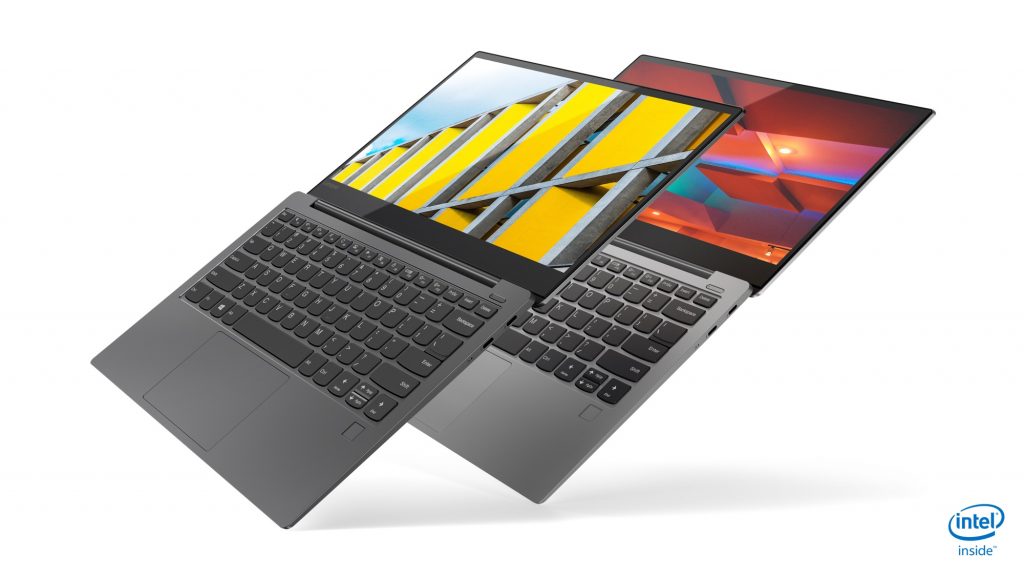 2 Lenovo Yoga S730s, opened almost flat, floating parallel to each other