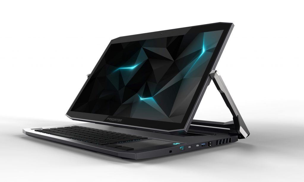 Acer Predator Triton 900 with laptop hinge bringing screen angled over keyboard