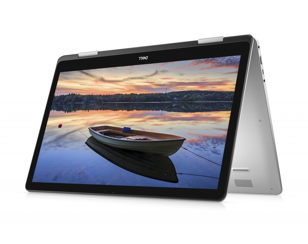Dell 17 7000 2-in-1, opened up and inverted, showing unmanned boat in the water on the screen