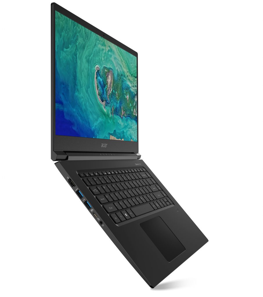 Acer Aspire 7, open, facing right, at about 120-degree angle