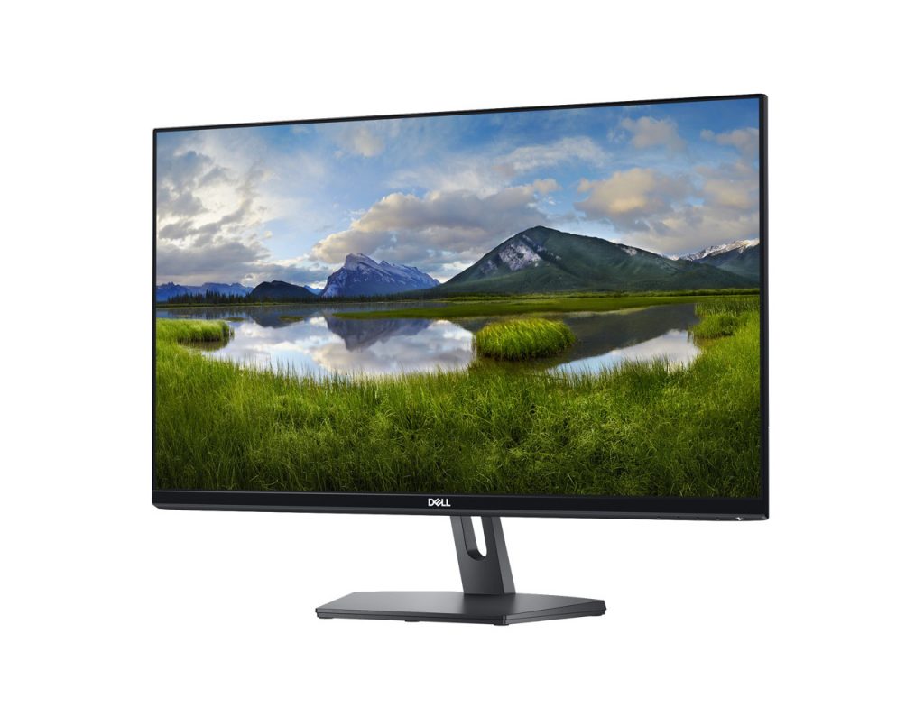 Dell SE2719H 27-inch monitor facing viewer with a mountain landscape on the screen