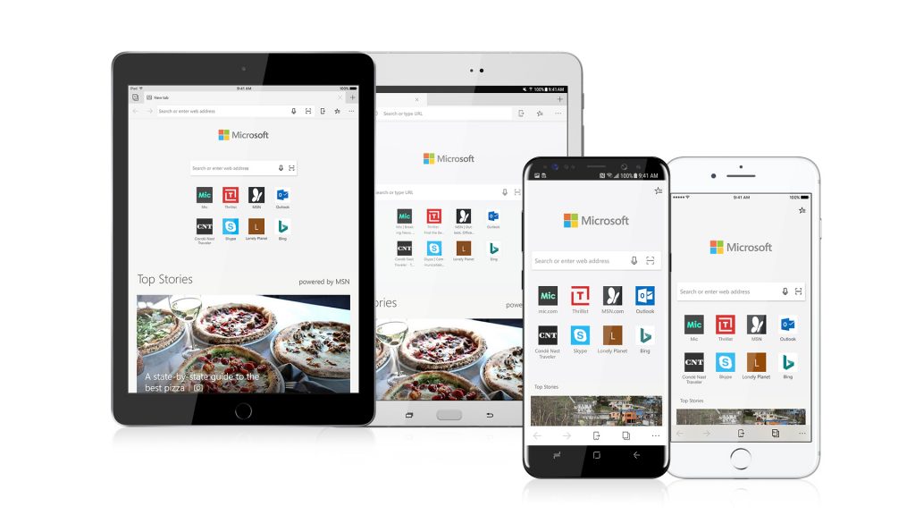 Four devices, two tablets and two smartphones, showing the Microsoft Edge browser