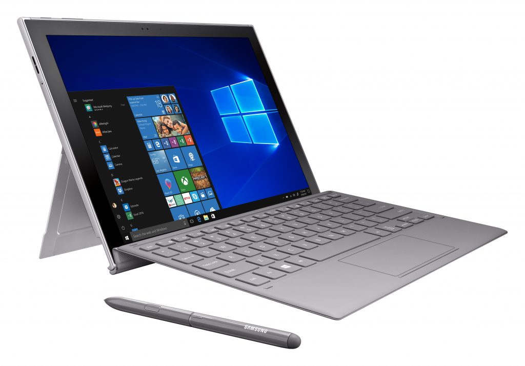 Samsung Galaxy Book2, open and facing right with included pen and keyboard