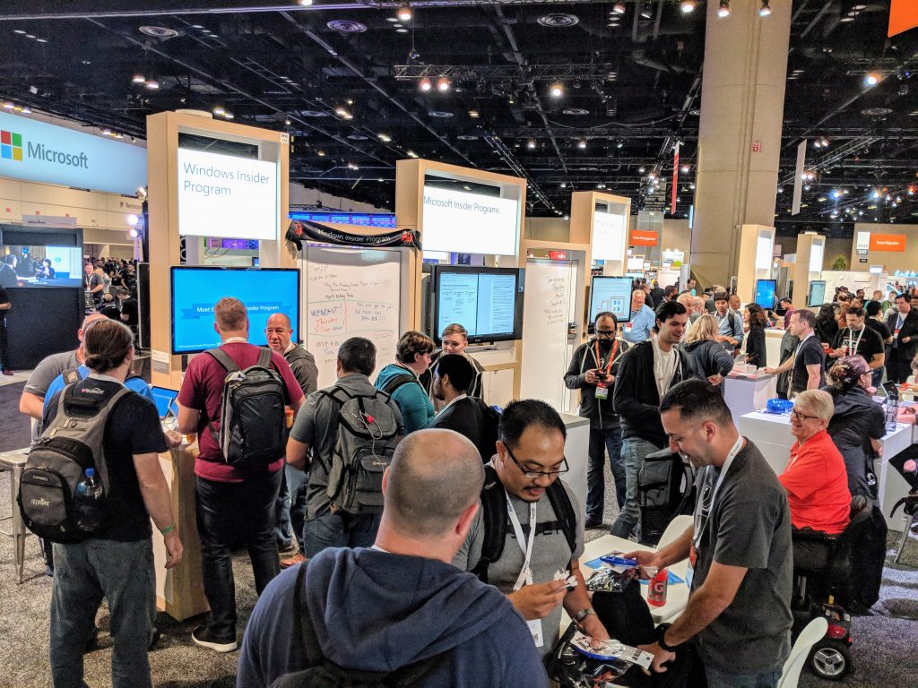 Attendees at Ignite 2018 visit the Windows Insider and Office Insider booths.