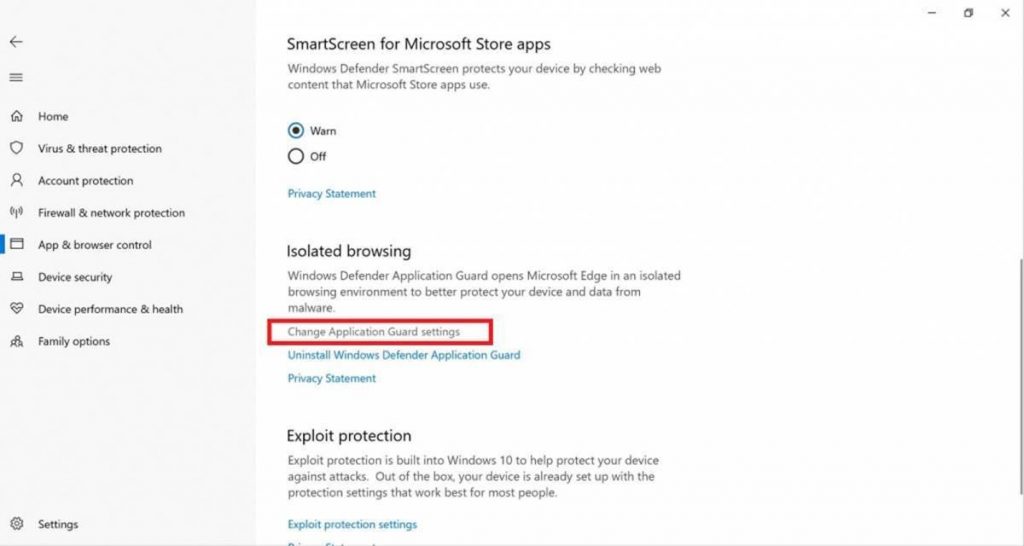 Smartscreen window - change application guard settings option is highlighted
