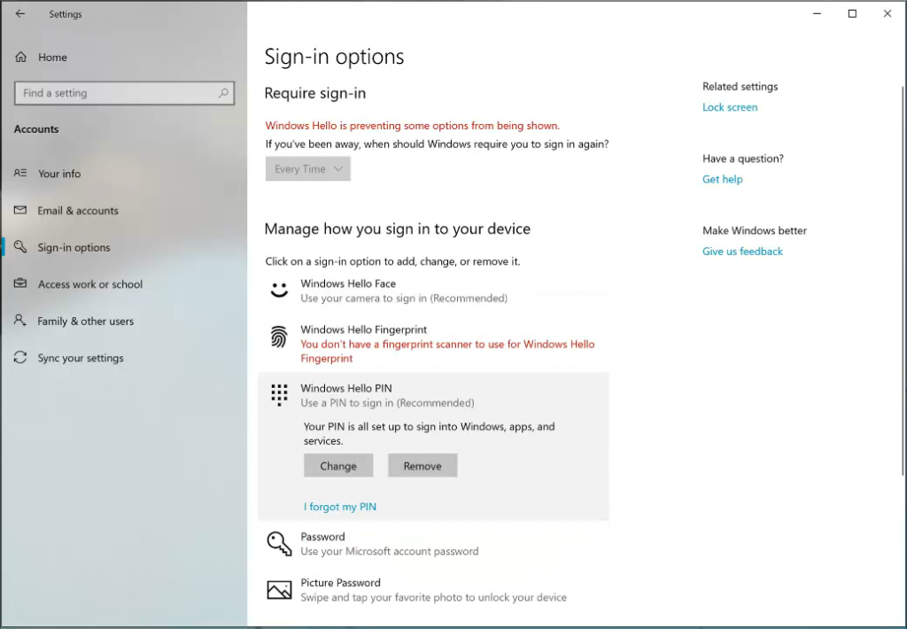 Showing sign-in Settings with Windows Hello PIN area selected and expanded.