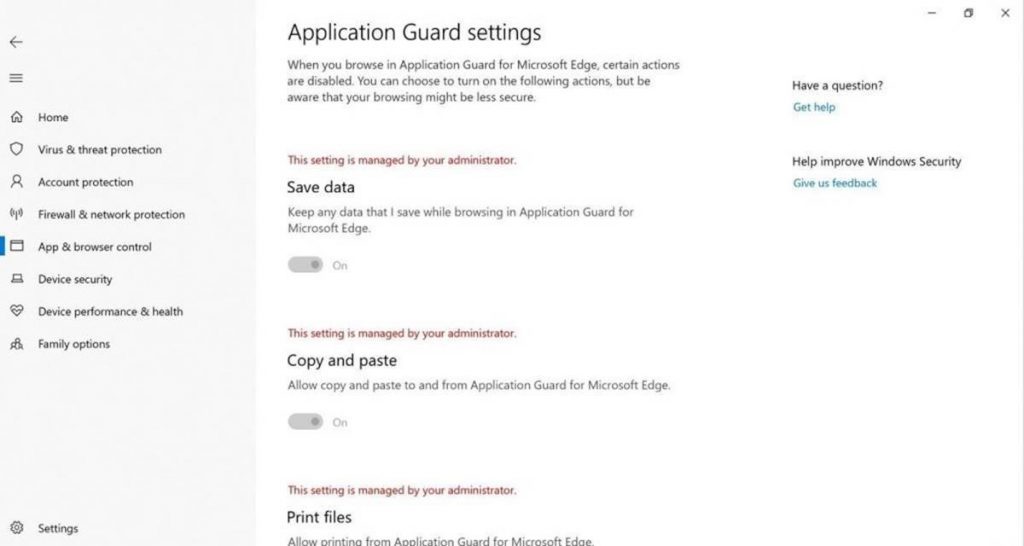 Application guard settings